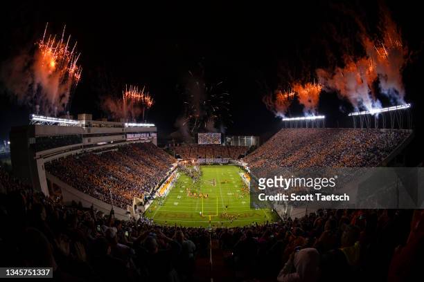 Fireworks explode as the Virginia Tech Hokies take the field before the game against the Notre Dame Fighting Irish at Lane Stadium on October 9, 2021...