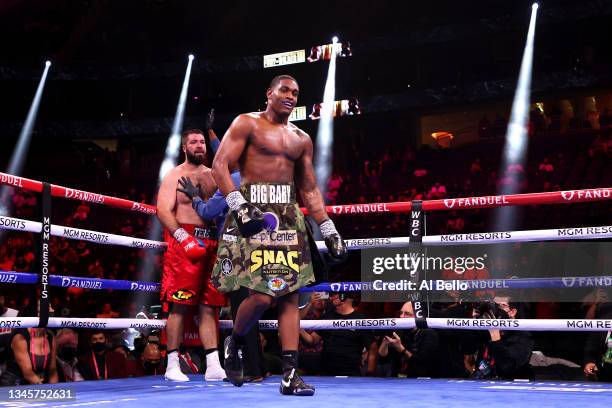 Vladimir Tereshkin reacts as referee Kenny Bayless stops his heavyweight bout against Jared Anderson at T-Mobile Arena on October 9, 2021 in Las...