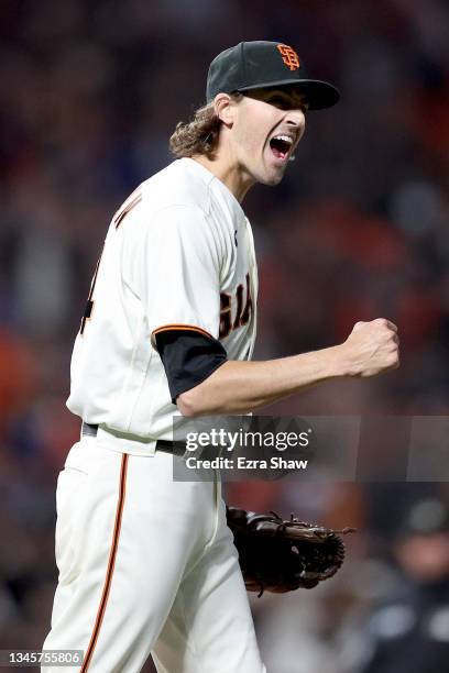 Kevin Gausman of the San Francisco Giants reacts in the fourth inning against the Los Angeles Dodgers during Game 2 of the National League Division...
