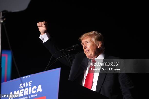 Former President Donald Trump speaks to supporters during a rally at the Iowa State Fairgrounds on October 09, 2021 in Des Moines, Iowa. This is...