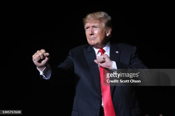 Former President Donald Trump speaks to supporters during a rally at the Iowa State Fairgrounds on October 09, 2021 in Des Moines, Iowa. This is...