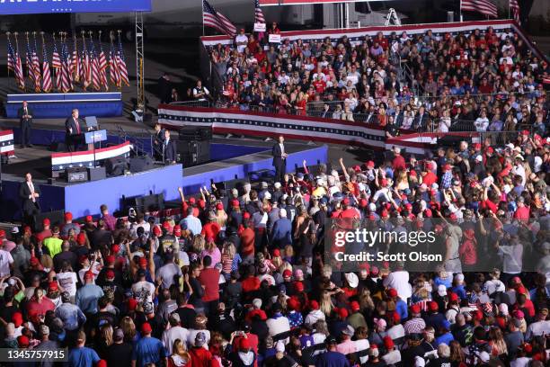 Former President Donald Trump speaks to supporters during a rally at the Iowa State Fairgrounds on October 09, 2021 in Des Moines, Iowa. This is...