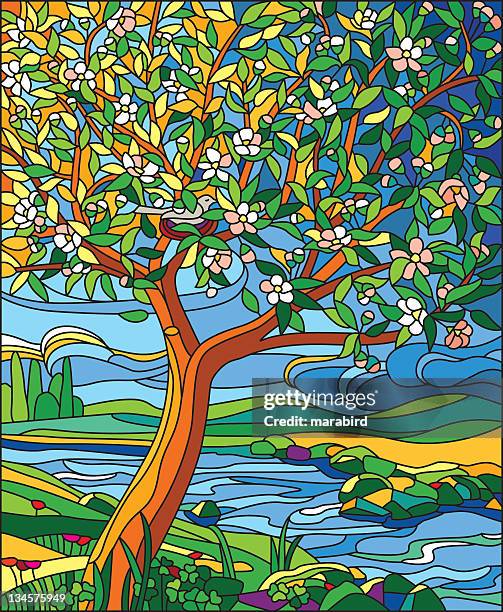 stockillustraties, clipart, cartoons en iconen met apple tree - landscape tree and flowers