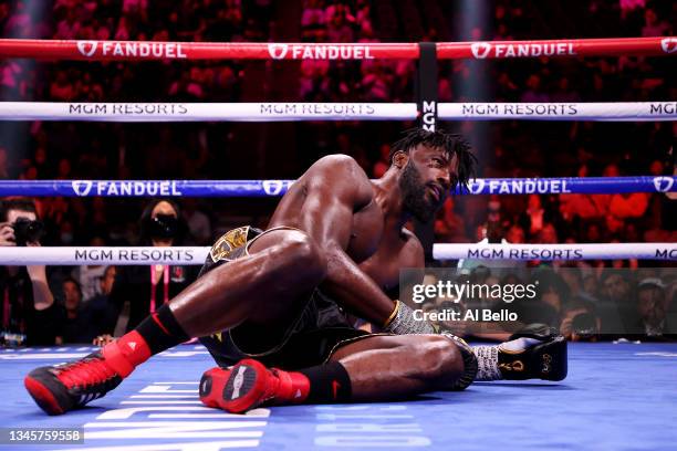 Efe Ajagba reacts after a seventh-round knock down by Frank Sanchez during their heavyweight bout at T-Mobile Arena on October 09, 2021 in Las Vegas,...