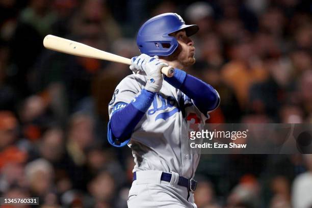 Cody Bellinger of the Los Angeles Dodgers hits an RBI double in the sixth inning against the San Francisco Giants during Game 2 of the National...