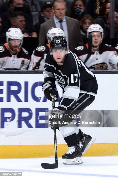 Lias Andersson of the Los Angeles Kings skates on the ice during the first period against the Anaheim Ducks at STAPLES Center on October 9, 2021 in...