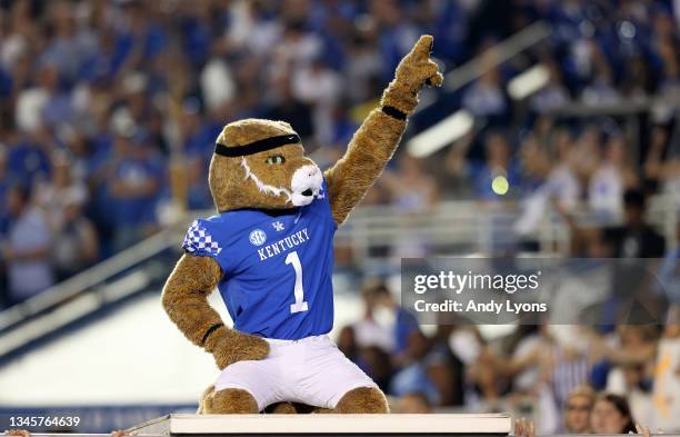 The Kentucky Wildcats mascot in the game against the LSU Tigers at Kroger Field on October 09, 2021 in Lexington, Kentucky.