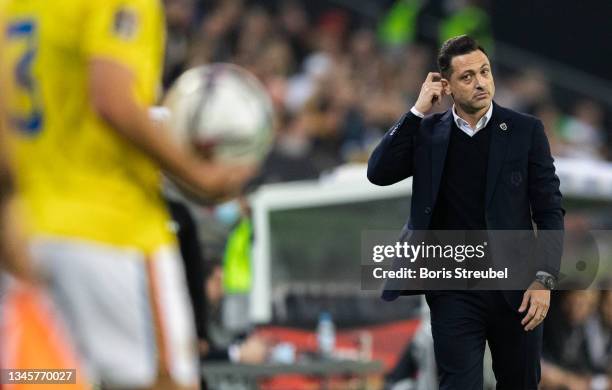 Head coach Mirel Radoi of Romania reacts during the 2022 FIFA World Cup Qualifier match between Germany and Romania at Imtech Arena on October 08,...