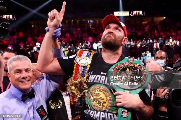 Tyson Fury celebrates his 11th round knock out win against Deontay Wilder after their WBC heavyweight title fight at T-Mobile Arena on October 09,...