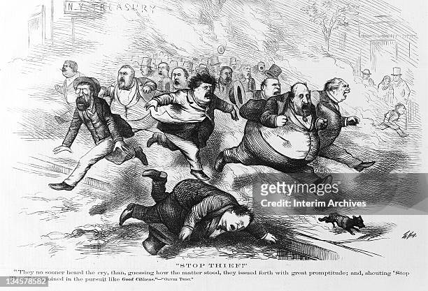 Copy of an engraving depicting William 'Boss' Tweed and members of his corrupt Tammany Hall ring running from the New York City Treasury, mimicking...