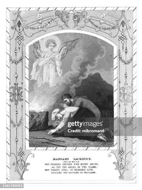 old engraved illustration of manoah's sacrifice - abraham stock pictures, royalty-free photos & images