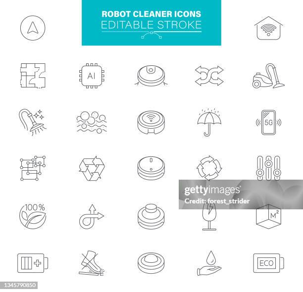 stockillustraties, clipart, cartoons en iconen met robot vacuum cleaner icons editable stroke. contains such icons as cleaning, smartphone, mobile apps, mop cleaner, smart home - stofzuiger