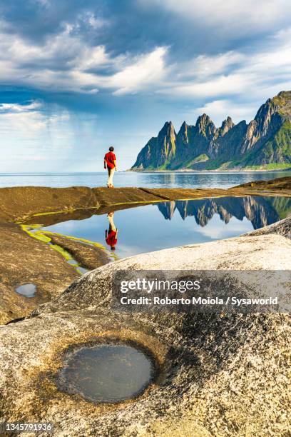 hiker man looking at mountains from cliffs, norway - senja stockfoto's en -beelden