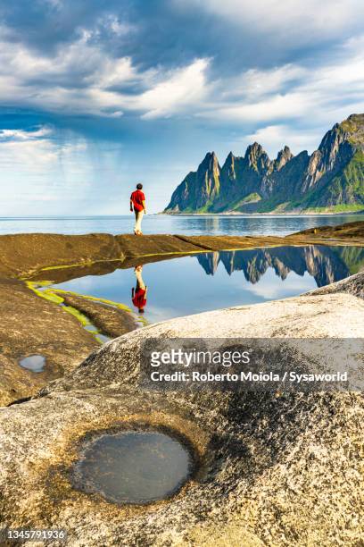 hiker man looking at mountains from cliffs, norway - fjord stock pictures, royalty-free photos & images