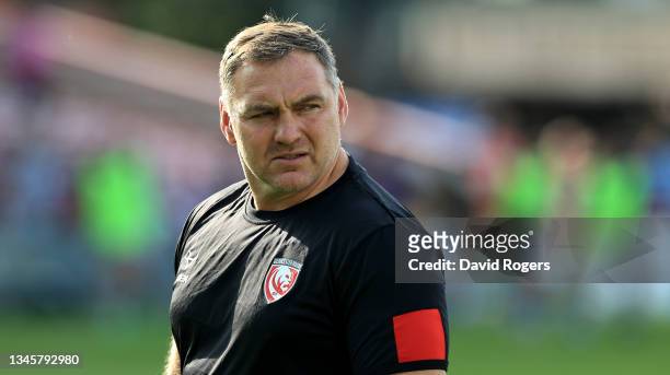 Trevor Woodman the Gloucester forwards coach looks on during the Gallagher Premiership Rugby match between Gloucester Rugby and Sale Sharks at...