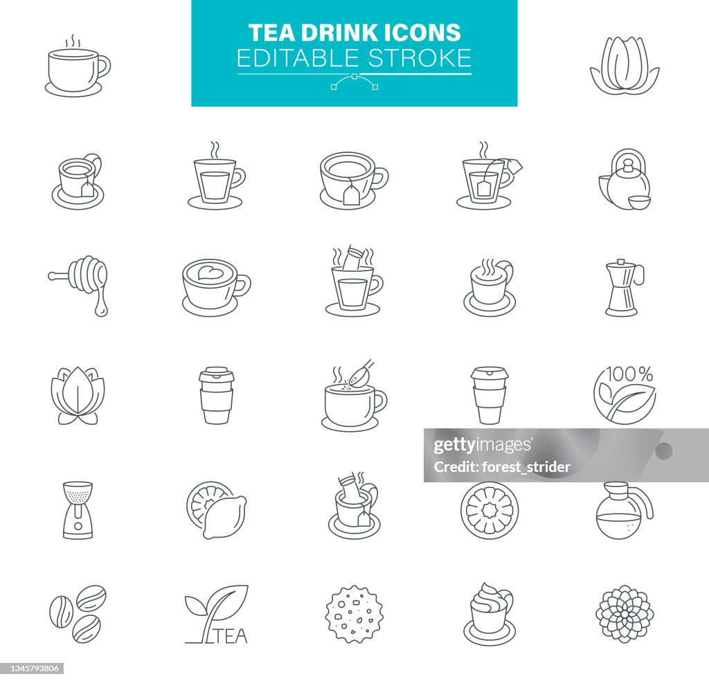 Icônes de boisson au thé Trait modifiable. Contient des icônes telles que Restaurant, Petit déjeuner, Matin, Café - Boisson