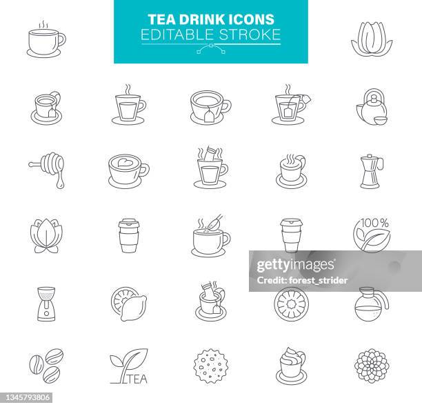 illustrations, cliparts, dessins animés et icônes de icônes de boisson au thé trait modifiable. contient des icônes telles que restaurant, petit déjeuner, matin, café - boisson - tea cup