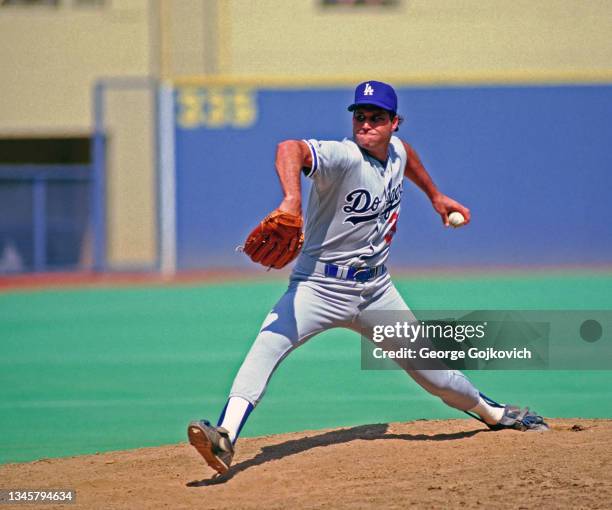 Pitcher Matt Young of the Los Angeles Dodgers pitches against the Pittsburgh Pirates during a Major League Baseball game at Three Rivers Stadium in...