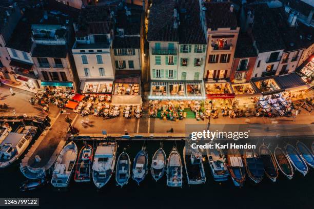 a night-time aerial view of cassis, france - stock photo - rooftop dining foto e immagini stock