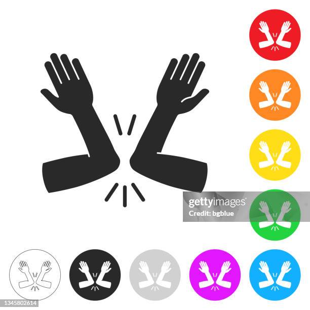 greeting with elbow bump. flat icons on buttons in different colors - avoid touching stock illustrations