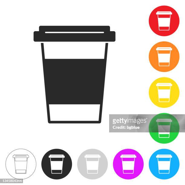 disposable cup. flat icons on buttons in different colors - coffee take away cup simple stock illustrations