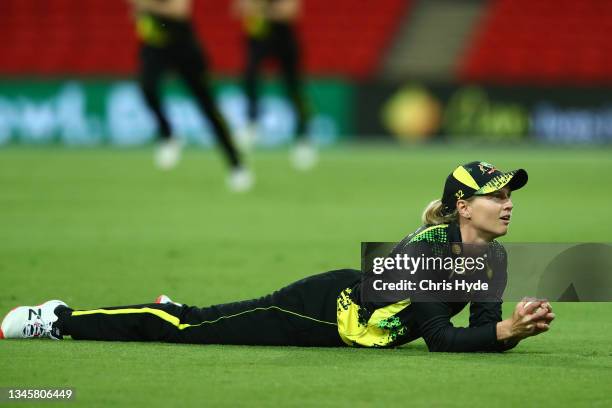 Meg Lanning takes a catch to dismiss Smriti Mandhana of India during game three of the International Women's T20 series between Australia and India...