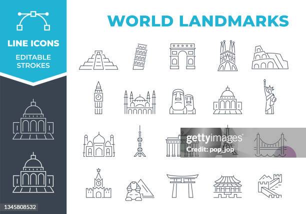 world landmarks. travel attractions - line icons. editable stroke. vector stock illustration - clock tower stock illustrations