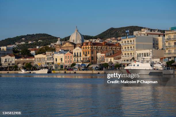 mytilene harbour and town, lesvos, greece - mytilene fotografías e imágenes de stock