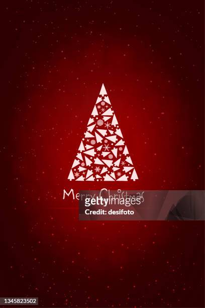 spot lit white colored triangular tree made of small trees, snowflakes and baubles over glowing spotted glittering dark maroon red vertical xmas festive vector backgrounds for greeting cards with text message merry christmas - maroon stock illustrations