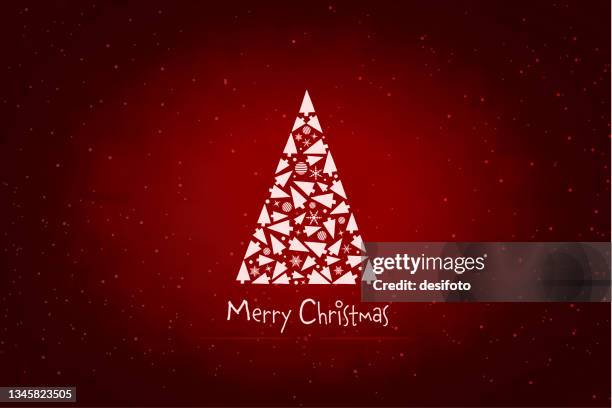stockillustraties, clipart, cartoons en iconen met spot lit white colored triangular tree made of small trees, snowflakes and baubles   over glowing spotted glittering dark maroon red horizontal xmas festive vector backgrounds for greeting cards with text message merry christmas - kerstpakpapier