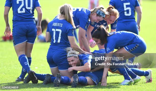 Durham player Becky Salicki joins in the celebrations after the second Durham goal during the Barclays FA Women's Championship match between...