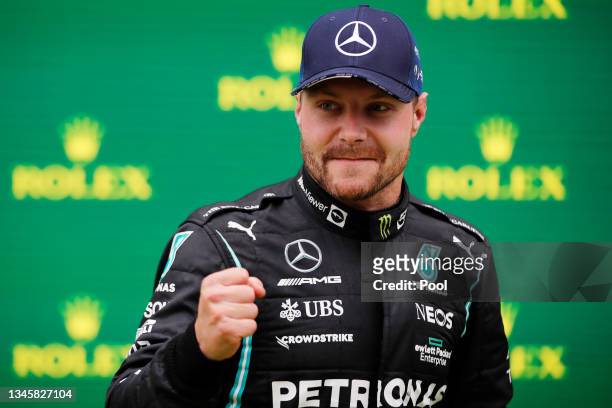 Race winner Valtteri Bottas of Finland and Mercedes GP celebrates in parc ferme during the F1 Grand Prix of Turkey at Intercity Istanbul Park on...