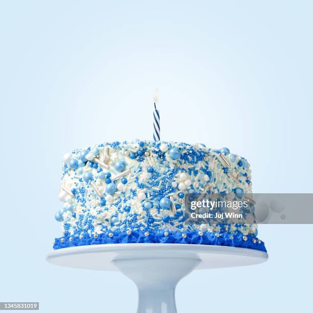 cake with sprinkles and candle - birthday cake imagens e fotografias de stock