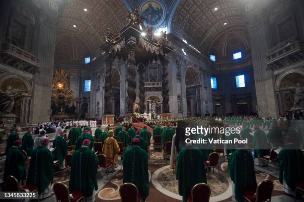 View of St Peter’s Basilica during the Pope Francis' mass for the Synod of Bishops opening on October 10, 2021 in Vatican City, Vatican. Pope Francis...
