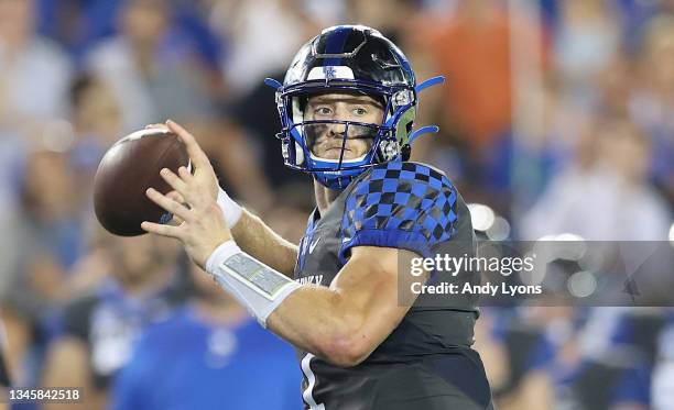 Will Levis of the Kentucky Wildcats throws the ball against the LSU Tigers at Kroger Field on October 09, 2021 in Lexington, Kentucky.
