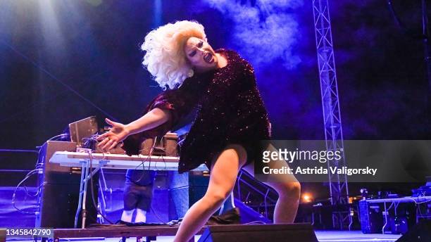 Drag Queen Pissi Myles performs as an opener for Kim Petras at The Stone Pony on October 09, 2021 in Asbury Park, New Jersey.
