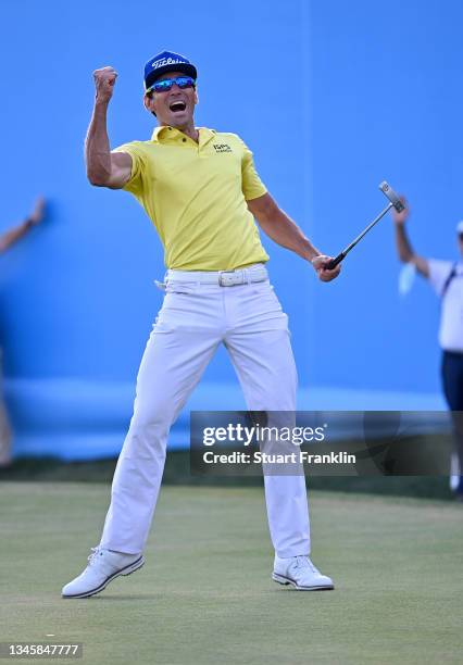 Rafa Cabrera-Bello of Spain celebrates after his putt on the first play-off hole hole during the final round of The Open de Espana at Club de Campo...