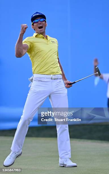 Rafa Cabrera-Bello of Spain celebrates after his winning putt on the first play-off hole hole during the final round of The Open de Espana at Club de...