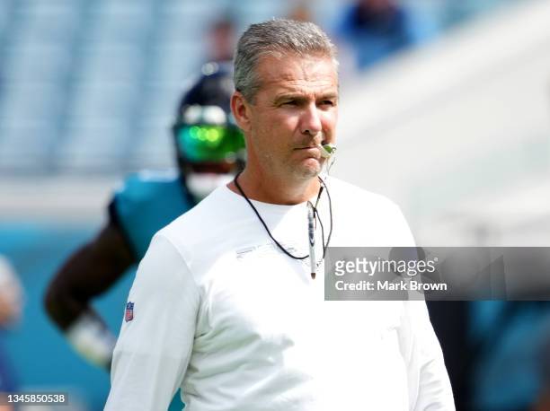 Head coach Urban Meyer of the Jacksonville Jaguars looks on prior to the game Tennessee Titans at TIAA Bank Field on October 10, 2021 in...