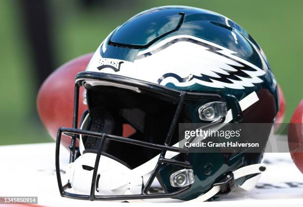 Philadelphia Eagles helmet is pictured during the football game against the Carolina Panthers at Bank of America Stadium on October 10, 2021 in...