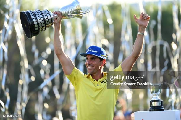 Rafa Cabrera-Bello of Spain celebrates with the winners trophy after the final round of The Open de Espana at Club de Campo Villa de Madrid on...