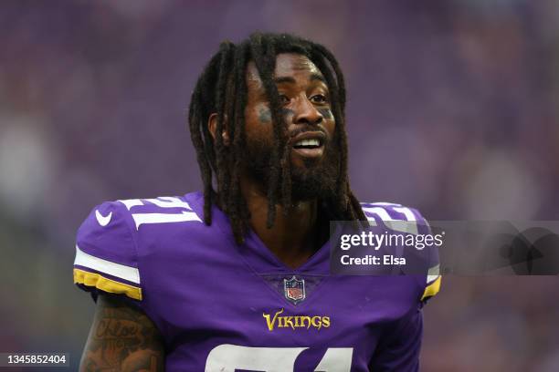 Bashaud Breeland of the Minnesota Vikings warms-up before the game against the Detroit Lions at U.S. Bank Stadium on October 10, 2021 in Minneapolis,...