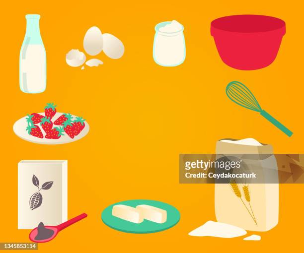 stockillustraties, clipart, cartoons en iconen met strawberry and cocoa cake ingredients vector illustration - making a cake