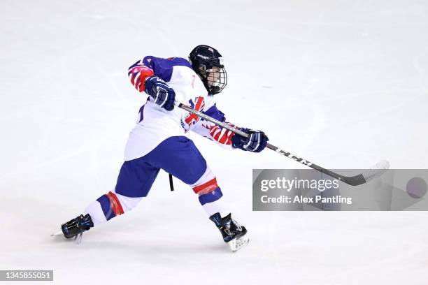 Kathryn Marsden of Team Great Britain shoots during the Women's Ice Hockey - Beijing 2022 Olympic pre Qualifying match between Team Great Britain and...