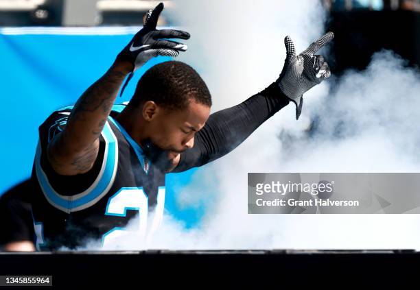 Bouye of the Carolina Panthers takes to the field before the football game against the Philadelphia Eagles at Bank of America Stadium on October 10,...