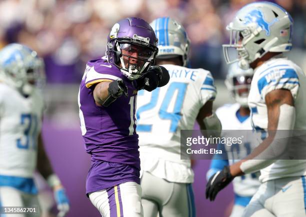 Justin Jefferson of the Minnesota Vikings celebrates after a catch during the first half against the Detroit Lions at U.S. Bank Stadium on October...