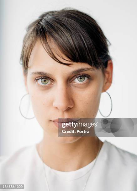 close-up of beautiful young woman - grey eyes stock pictures, royalty-free photos & images