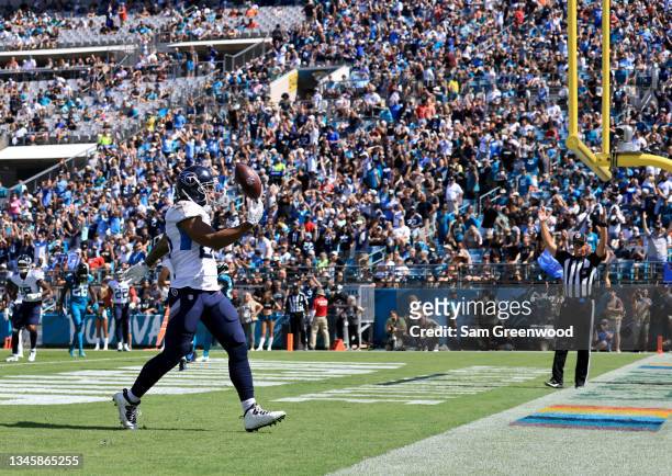 MyCole Pruitt of the Tennessee Titans celebrates a touchdown pass from Ryan Tannehill during the second quarter against the Jacksonville Jaguars at...