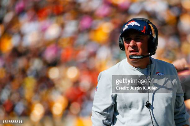 Head coach Vic Fangio of the Denver Broncos reacts during the first half against the Pittsburgh Steelers at Heinz Field on October 10, 2021 in...