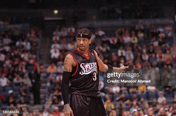 Philadelphia 76ers Allen Iverson makes a point during the NBA Europe Live Tour presented by EA Sports on October 11, 2006 at the Kölnarena in...